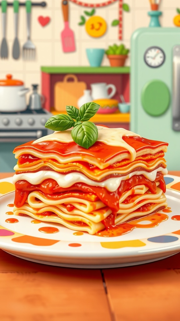 Colorful cartoon-inspired lasagna with layers of pasta, marinara sauce, and cheese, garnished with basil, on a bright plate.